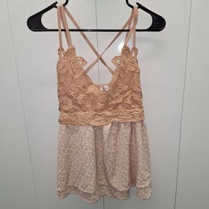 Lace Overlay Peach Spaghetti Strap Tank Top Large